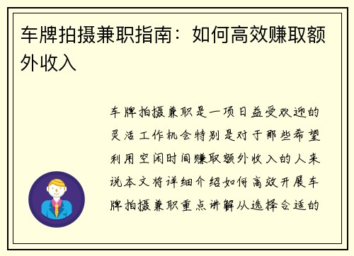 车牌拍摄兼职指南：如何高效赚取额外收入