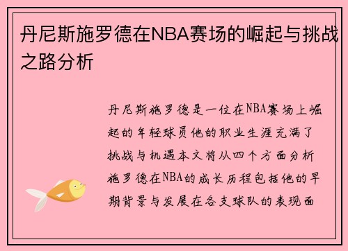 丹尼斯施罗德在NBA赛场的崛起与挑战之路分析