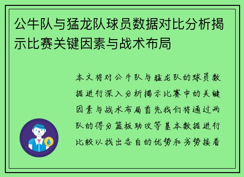 公牛队与猛龙队球员数据对比分析揭示比赛关键因素与战术布局