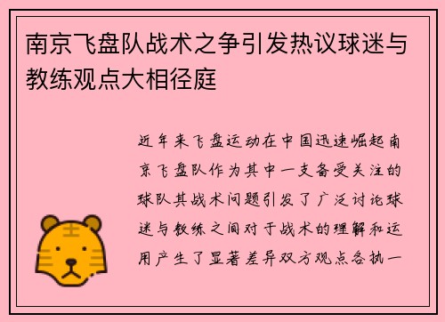南京飞盘队战术之争引发热议球迷与教练观点大相径庭