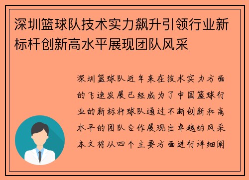 深圳篮球队技术实力飙升引领行业新标杆创新高水平展现团队风采