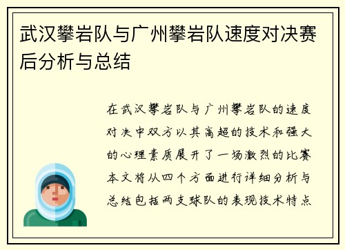 武汉攀岩队与广州攀岩队速度对决赛后分析与总结