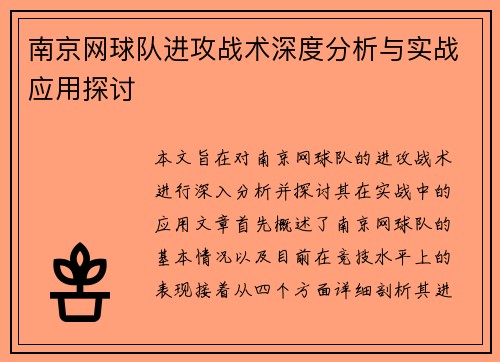 南京网球队进攻战术深度分析与实战应用探讨