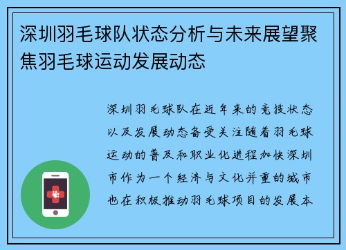 深圳羽毛球队状态分析与未来展望聚焦羽毛球运动发展动态